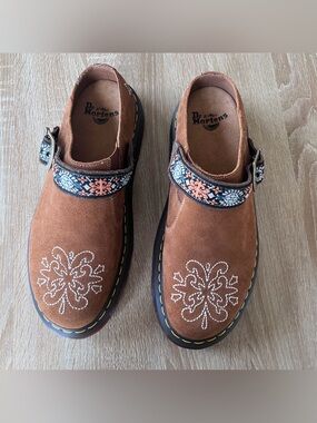 Dr. Martens Chestnut Suede mules with Embroidered Strap